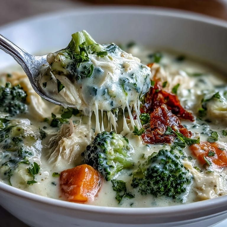 Chicken Broccoli Cheddar Soup in a rustic bowl, perfect for a cozy lunch with crusty bread on the side.