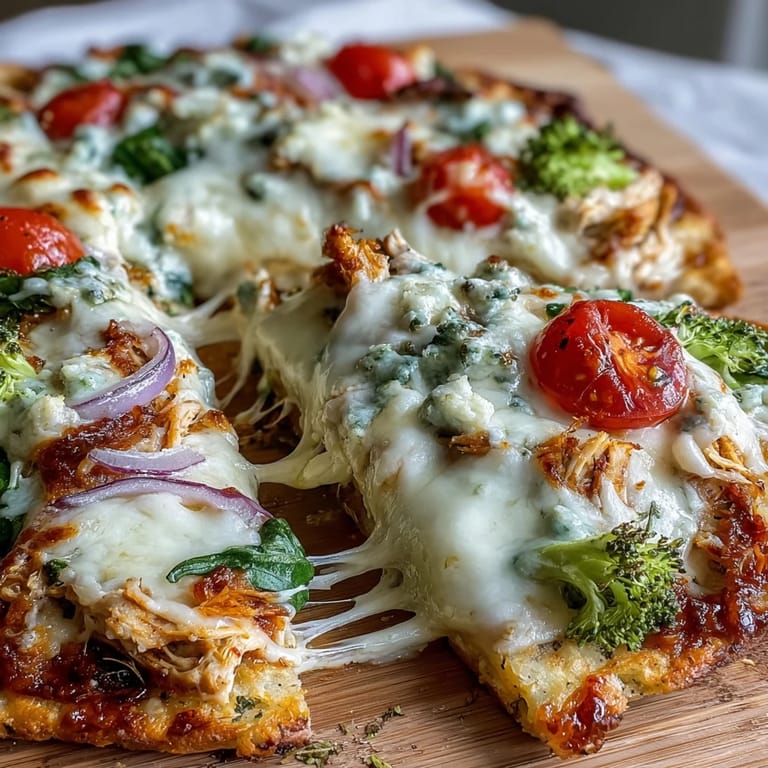 Low-carb broccoli chicken crust pizza with chunky tomato sauce, sliced red onion, and cherry tomatoes on a rustic plate.