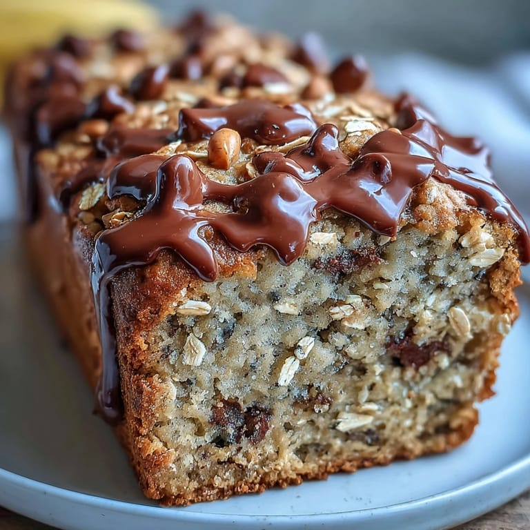 Thick slices of Chocolate Chip Peanut Butter Oatmeal Banana Bread on a wooden board, revealing moist crumbs and melted chocolate.  