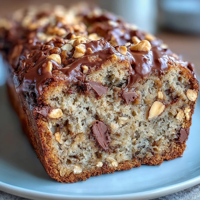 A close-up of Chocolate Chip Peanut Butter Oatmeal Banana Bread with a dollop of peanut butter and sliced bananas on top.