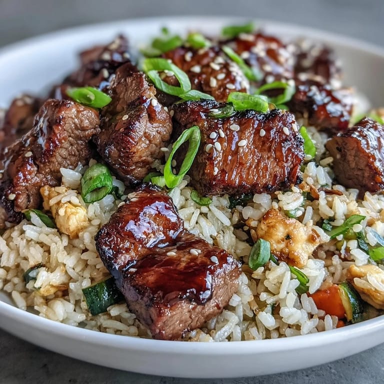 Steaming, fluffy jasmine rice mixed with scrambled eggs and savory steak in an Easy Hibachi Steak With Fried Rice.
