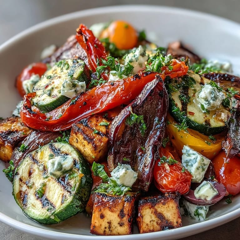 A vibrant Roasted Greek Salad features juicy tomatoes and cucumber, dressed with lemon-oregano.