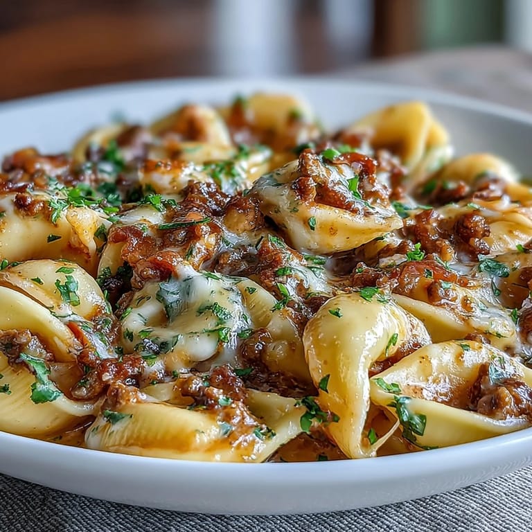 Close-up of One Pot Creamy Beef and Shells, revealing creamy cheddar sauce clinging to shell pasta with savory ground beef crumbles.