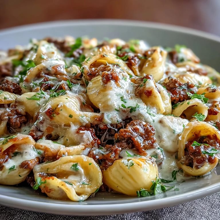 Cheesy One Pot Creamy Beef and Shells garnished with fresh parsley, served hot as a comforting American weeknight dinner for families.