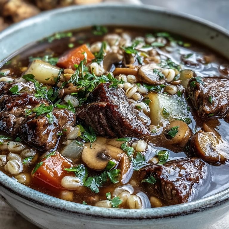 A bowl of homemade Beef and Barley Soup served with crusty bread for dipping on the side.