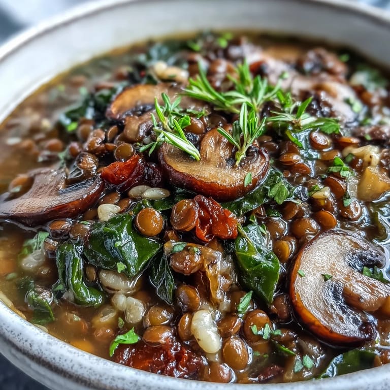 Hearty Double Lentil and Mushroom Barley Soup served in a white bowl with crusty bread.