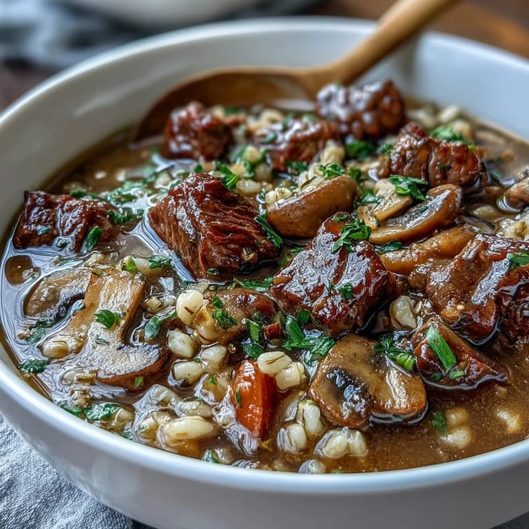 Ladling rich Beef and Barley Soup with Mushrooms into a deep bowl, showing tender beef chunks.