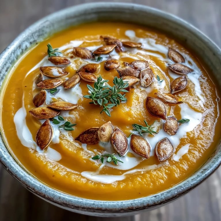 Serving of Roasted Butternut Squash Soup drizzled with cream, paired with crusty bread on a wooden table for a comforting lunch.