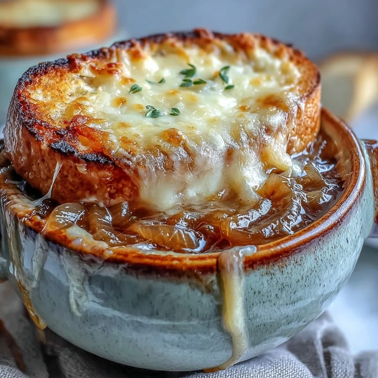 Classic French Onion Soup served in a rustic bowl, garnished with thyme and melted Gruyère.