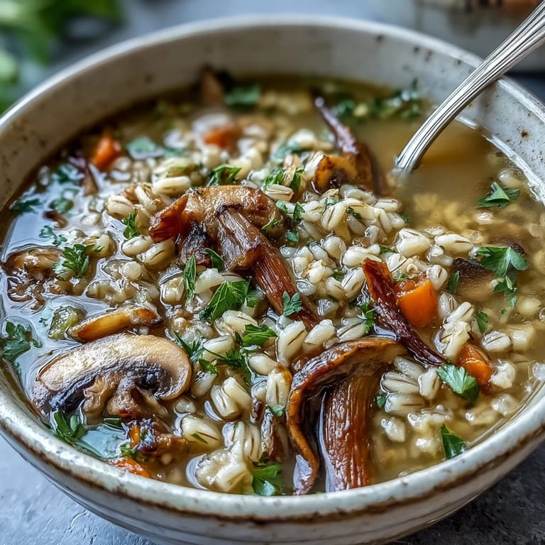 Comforting Mushroom Barley Soup served in a ceramic bowl, garnished with chopped parsley and paired with savory crackers for a cozy lunch.