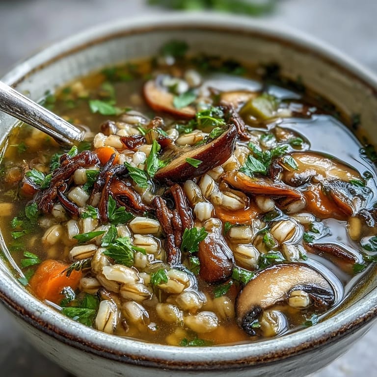 A rustic pot of hearty Mushroom Barley Soup simmering on the stove, with fresh parsley garnish and a slice of rye bread nearby.