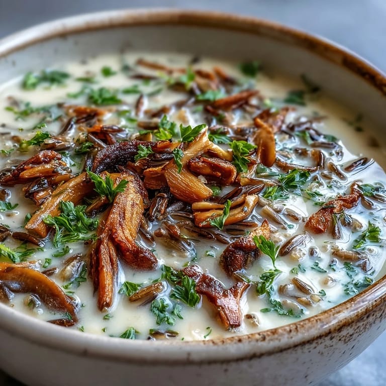 Comforting Wild Rice Mushroom Soup in a rustic pot, featuring creamy texture and aromatic herbs like thyme and rosemary.