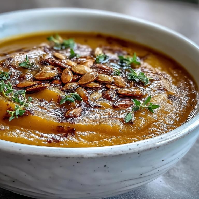 Creamy Butternut Squash Soup with toasted pumpkin seeds in a rustic bowl beside a slice of crusty bread.