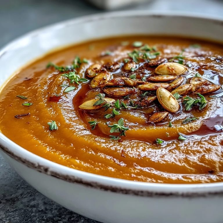 Golden roasted Butternut Squash Soup in a rustic bowl, garnished with fresh thyme and a swirl of cream.
