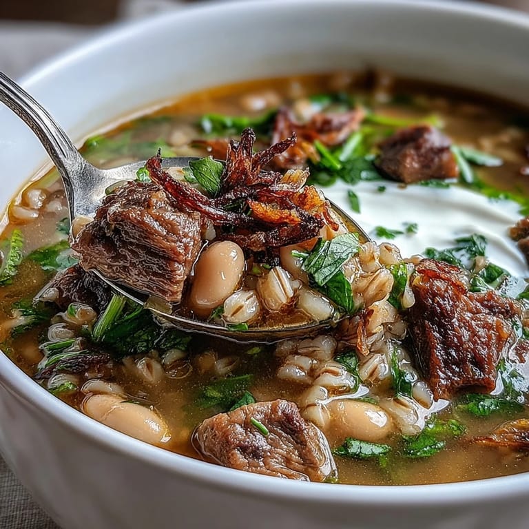 Close-up of aromatic Persian beef barley soup with mint-fried onions and a dollop of sour cream.