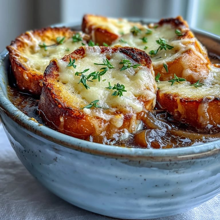 Steaming French Onion Soup in a rustic ceramic bowl, garnished with fresh thyme leaves.