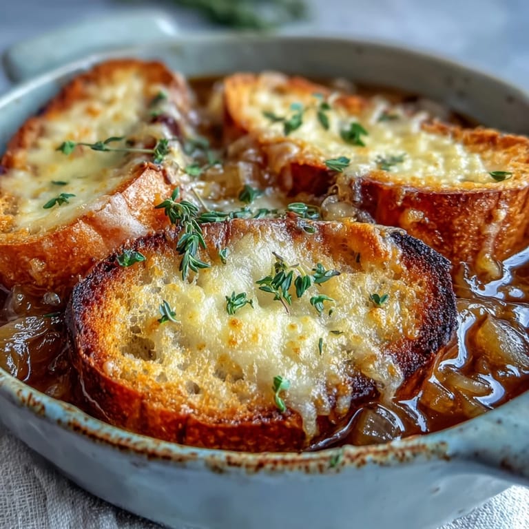 Homemade French Onion Soup served with melty cheese and crusty bread, ready to enjoy.