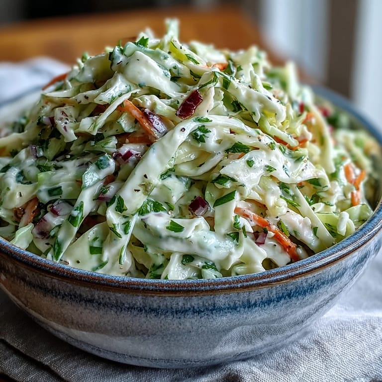Close-up of Creamy Coleslaw With Creamy Dressing, highlighting the juicy, tangy dressing coating the crunchy cabbage and shredded carrots.