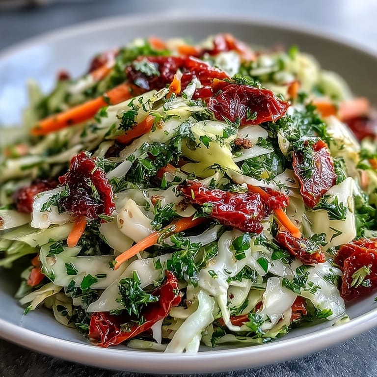 Tossed Cabbage Salad With Sundried Tomatoes served as a refreshing side dish, topped with sliced spring onions and a drizzle of olive oil dressing.