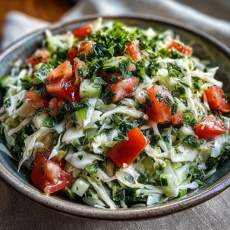 Colorful bowl of Lebanese Cabbage Salad topped with sliced green onions, lemon wedges, and fresh herbs.