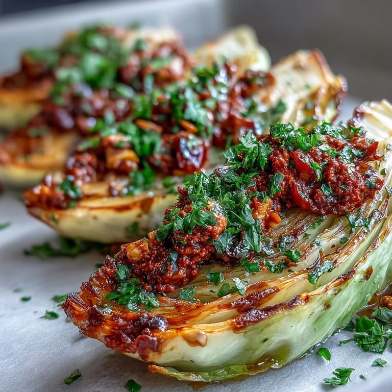 Close-up photo of caramelized cabbage wedges drizzled with nutty romesco sauce, perfect for a cozy gluten-free side dish.