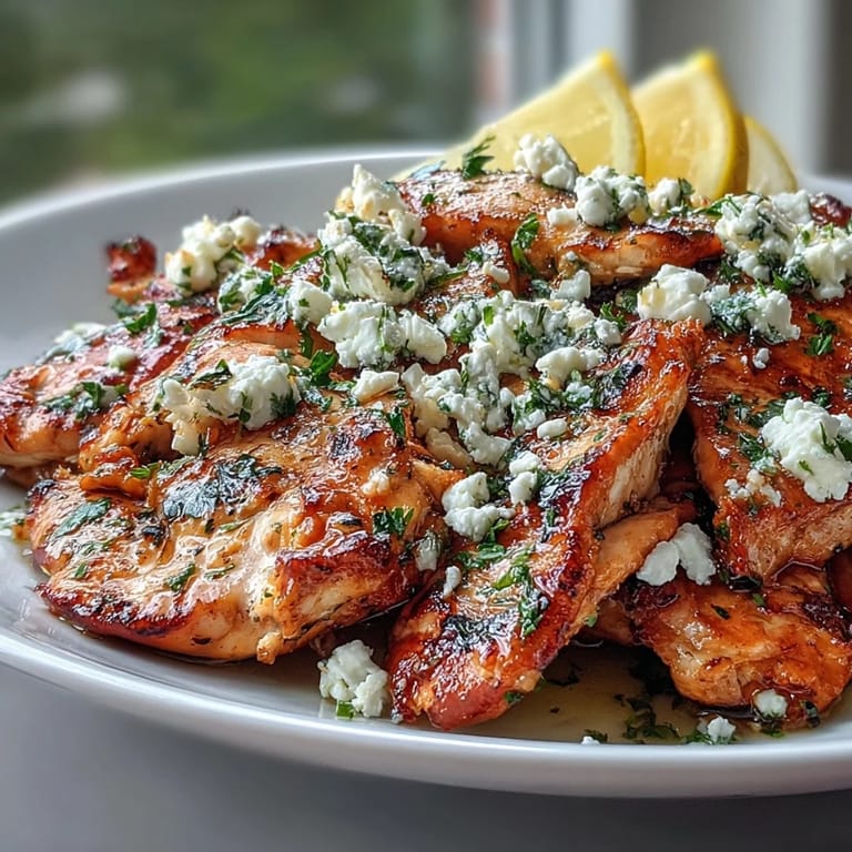 Sizzling pan-seared Greek Chicken with Lemon and Feta, drizzled with olive oil and lemon zest.