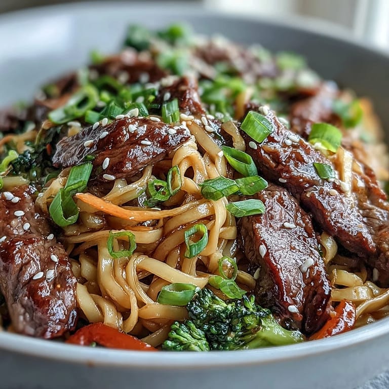 Forkfuls of silky rice noodles, bell pepper, and carrots are coated in a savory soy-ginger glaze, garnished with green onions.