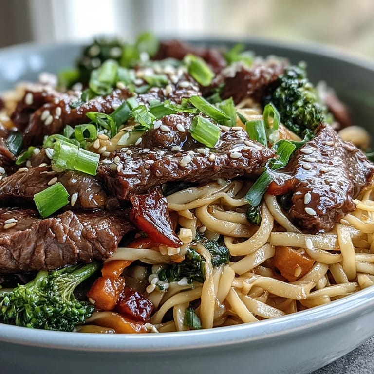 Close-up of saucy Korean Beef Noodles topped with sesame seeds, served steaming hot in a white bowl for a family-style meal.