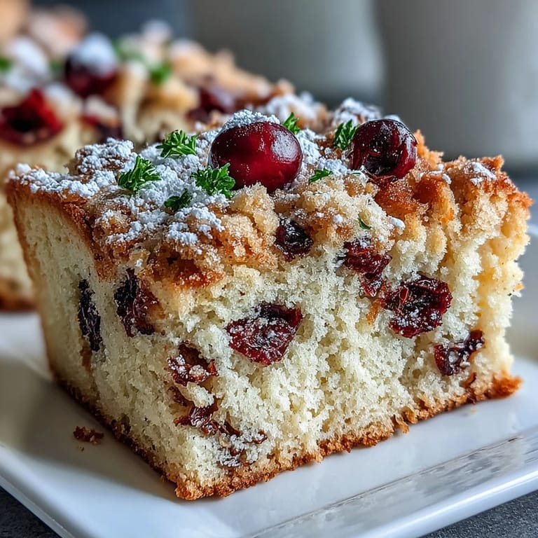 A slice of Cranberry Orange Breakfast Cake reveals tart cranberry bursts, perfect alongside coffee on a sunny brunch table.