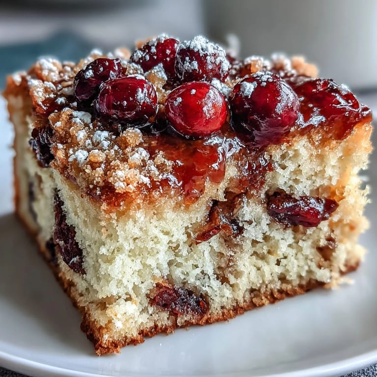 Homemade Cranberry Orange Breakfast Cake cooled on a wire rack, with vibrant orange zest flecks and chopped cranberries in every bite.