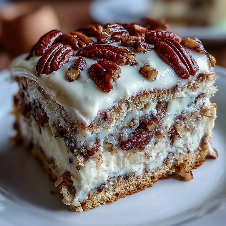Close-up of moist Butter Pecan Tres Leches Cake soaked in milk and pecans.