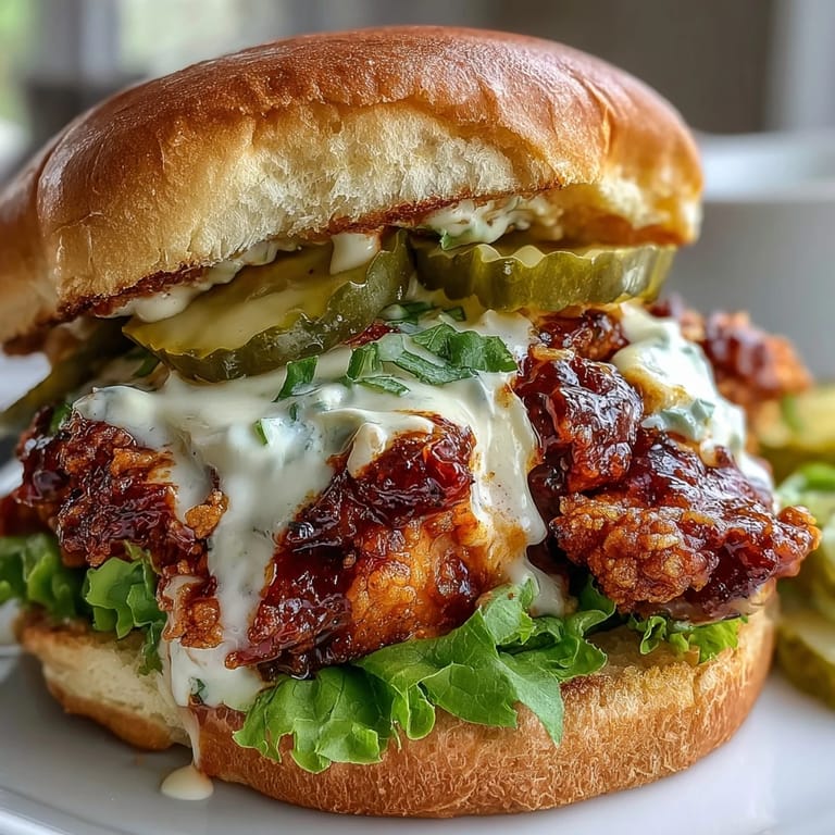 Juicy, spicy chicken breast layered with dill pickles and fresh tomato slices on a buttery brioche bun, ready to eat.