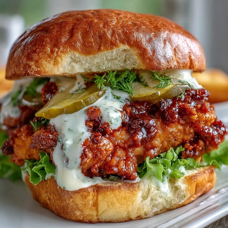 Close-up of an ultra-crispy, spicy chicken sandwich on a soft bun, drizzled with creamy homemade sauce and served with fries.