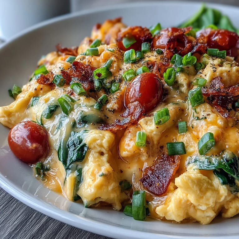 A close-up of a Scrambled Egg and Veggie Bowl featuring soft eggs, spinach, and bright red bell peppers.