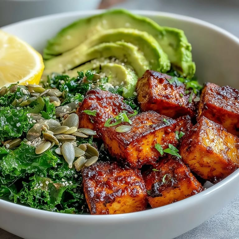 Colorful vegan Tofu Breakfast Bowl with Avocado and Kale, garnished with green onions and pumpkin seeds, ready to serve for breakfast.