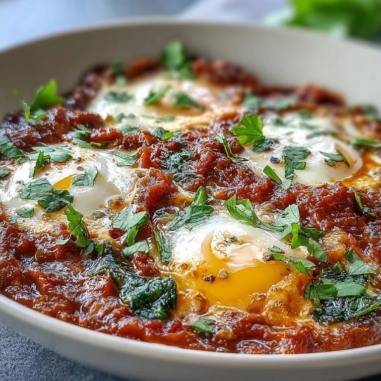 A bubbling Shakshuka Bowl topped with fresh cilantro, feta, and a side of toasted pita.