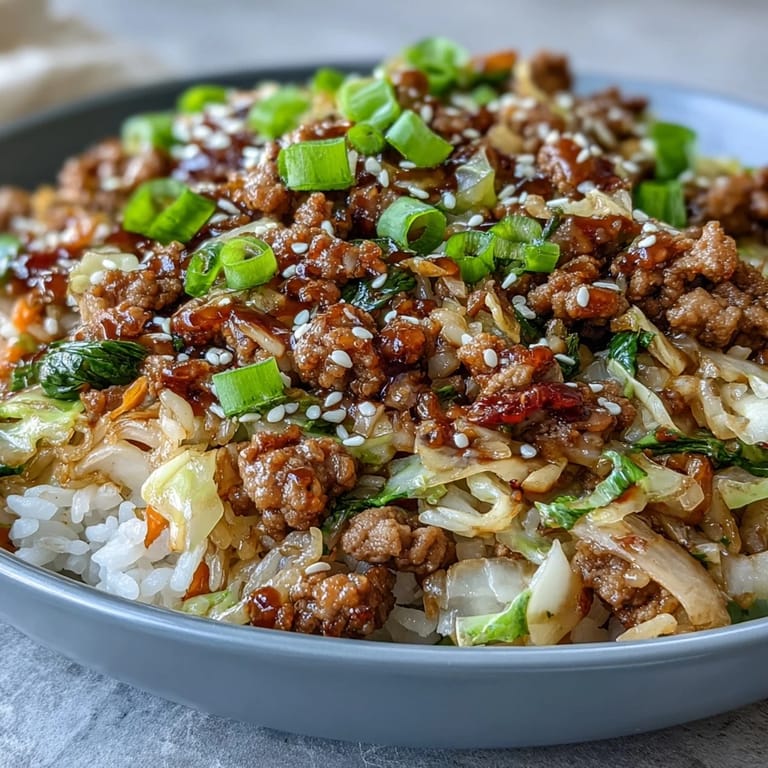 Plate this low-carb Egg Roll in a Bowl with sesame seeds and green onions. 
