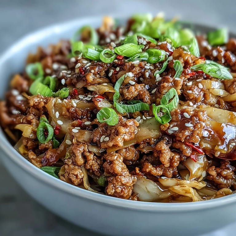 A steaming bowl of deconstructed egg roll featuring minced ginger, garlic, and savory ground meat.