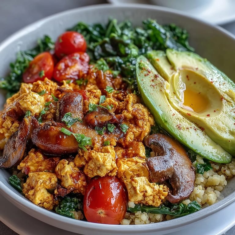 Nutritious Scrambled Tofu Breakfast Bowl featuring golden tofu, sautéed kale, and mushrooms over couscous, topped with cherry tomatoes and lemon.