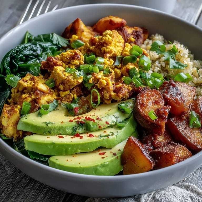 Creamy avocado, golden roasted sweet potatoes, and savory turmeric tofu scramble served in a nourishing vegan breakfast bowl.