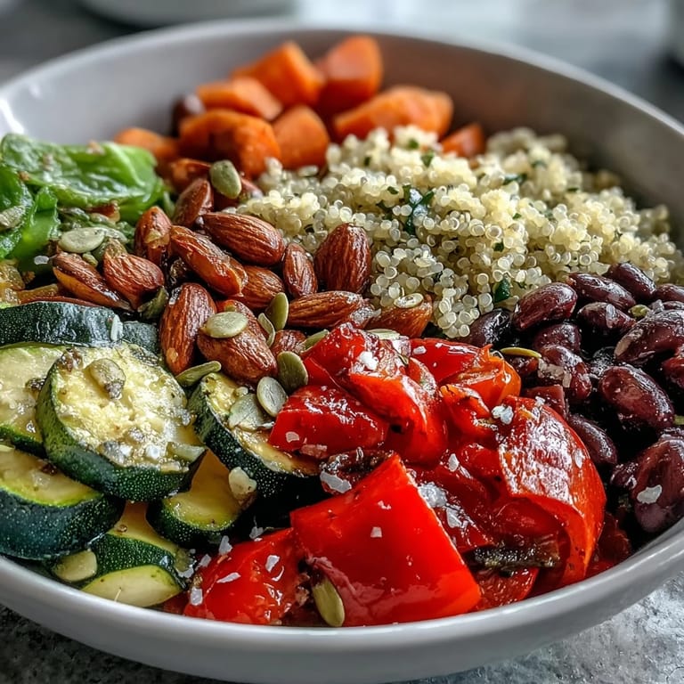 Colorful Veggie and Quinoa Power Bowl featuring chickpeas, pumpkin seeds, and fluffy quinoa ready for a healthy lunch.