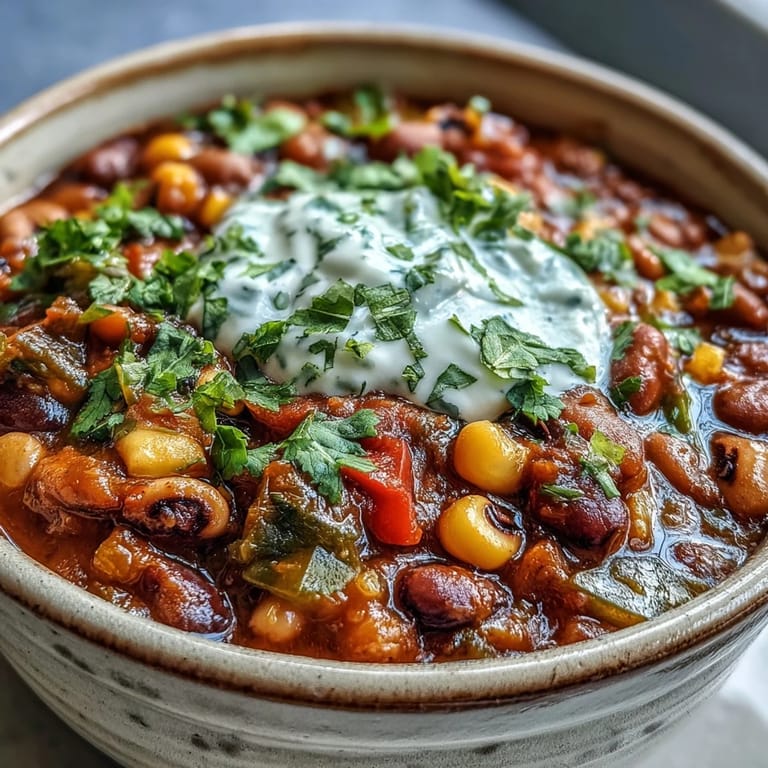 Spoon lifting a serving of Black-Eyed Pea Chili showing tender beans and corn, next to shredded cheese and fresh jalapeños.