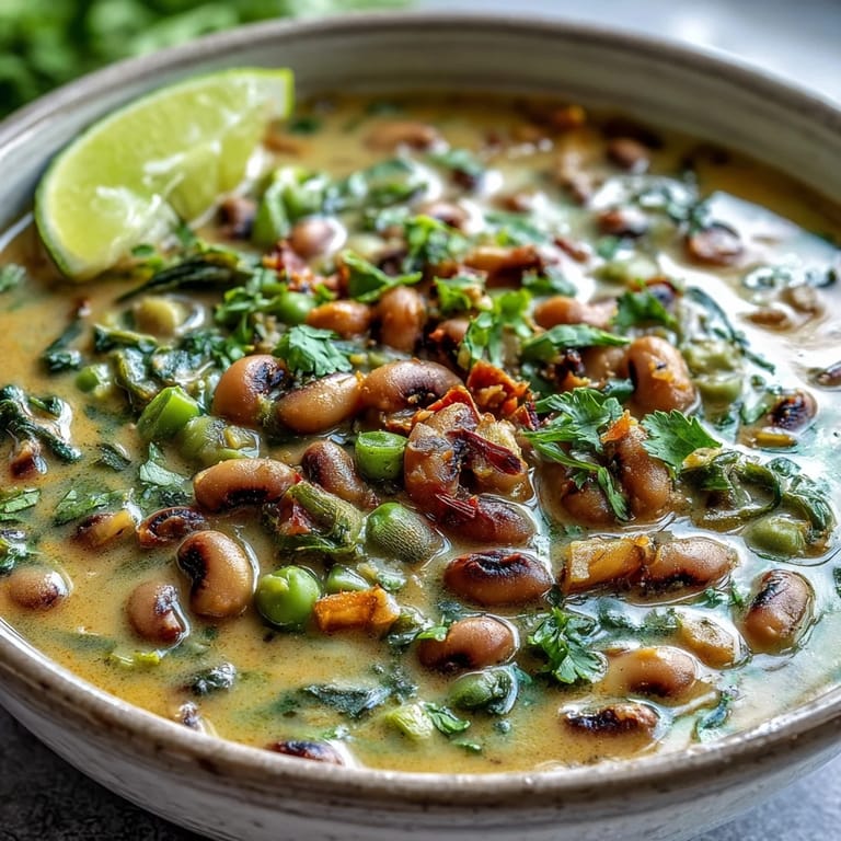 Vegan Black-Eyed Pea Curry simmering in a rich coconut milk and tomato gravy, infused with warming garam masala.