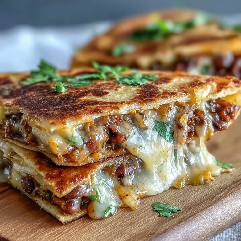 Fresh cilantro and lime wedges garnish a warm Black-Eyed Pea Quesadilla, highlighting the Tex-Mex flavors and crispy texture.