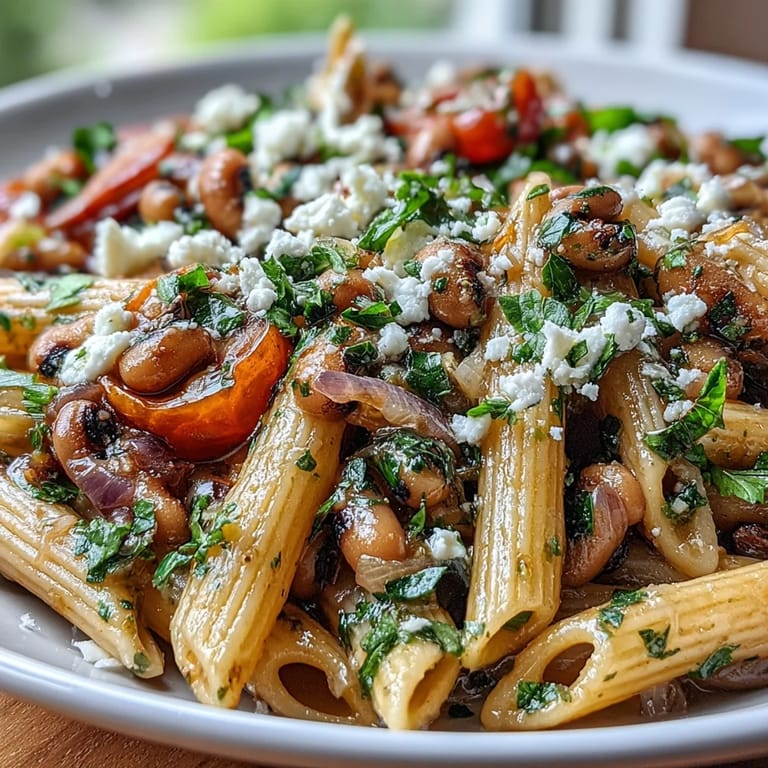 A hearty bowl of Mediterranean Black-Eyed Pea Pasta topped with crumbled feta cheese and fresh herbs.