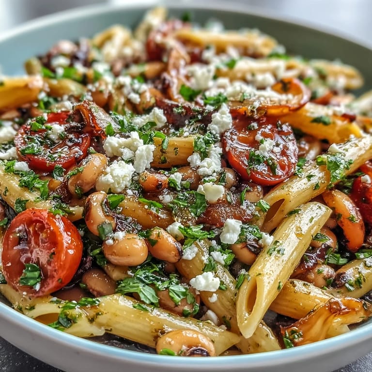 Lemon-kissed Black-Eyed Pea Pasta with tender legumes and vibrant greens, served ready to enjoy in a white dish.