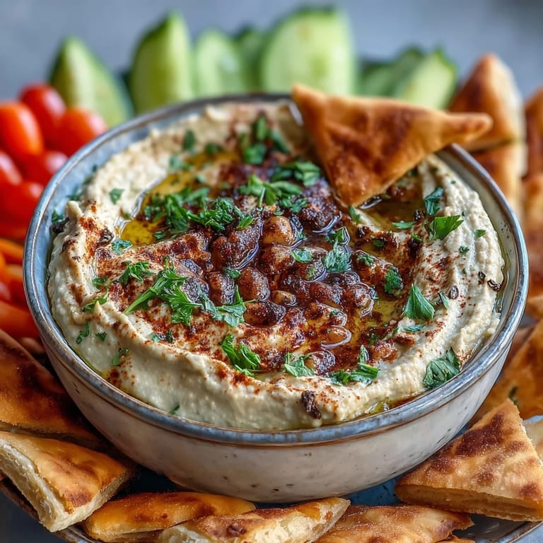 Smooth tahini and garlic Black-Eyed Pea Hummus spread on a toasted gluten-free cracker, garnished with a lemon wedge and fresh herbs.
