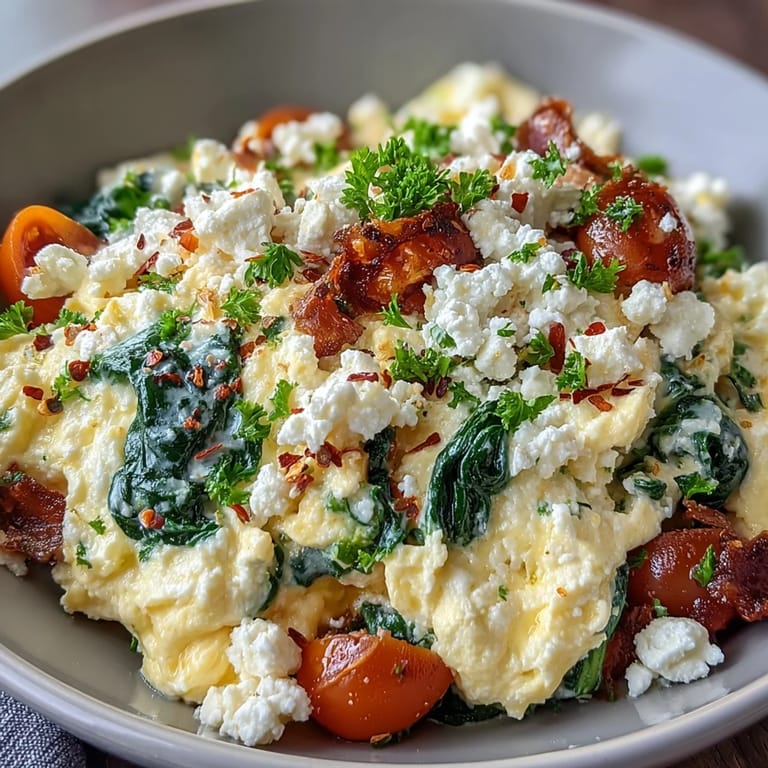 Mediterranean-inspired breakfast bowl featuring creamy feta, sautéed spinach, and soft scrambled eggs, topped with vibrant cherry tomatoes.
