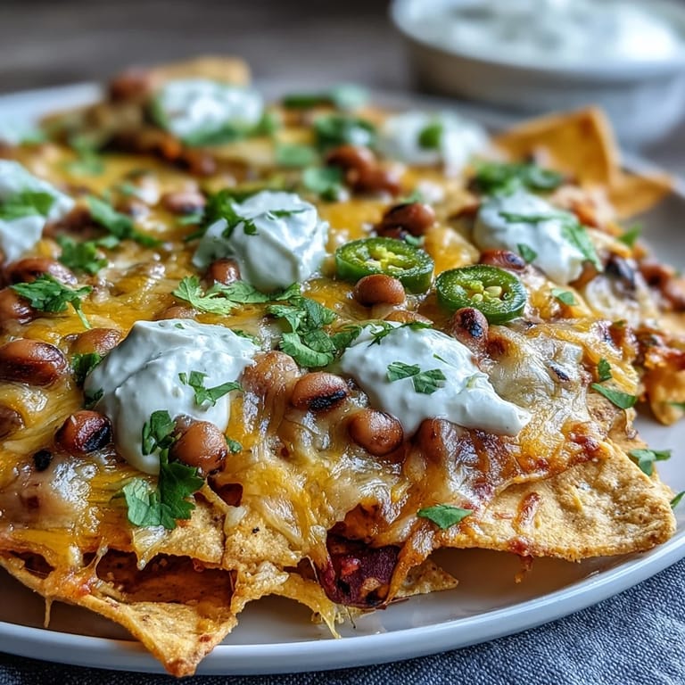 Hearty black-eyed pea nachos topped with tangy sour cream, diced tomatoes, and spicy peppers—perfect for game day snacking.  