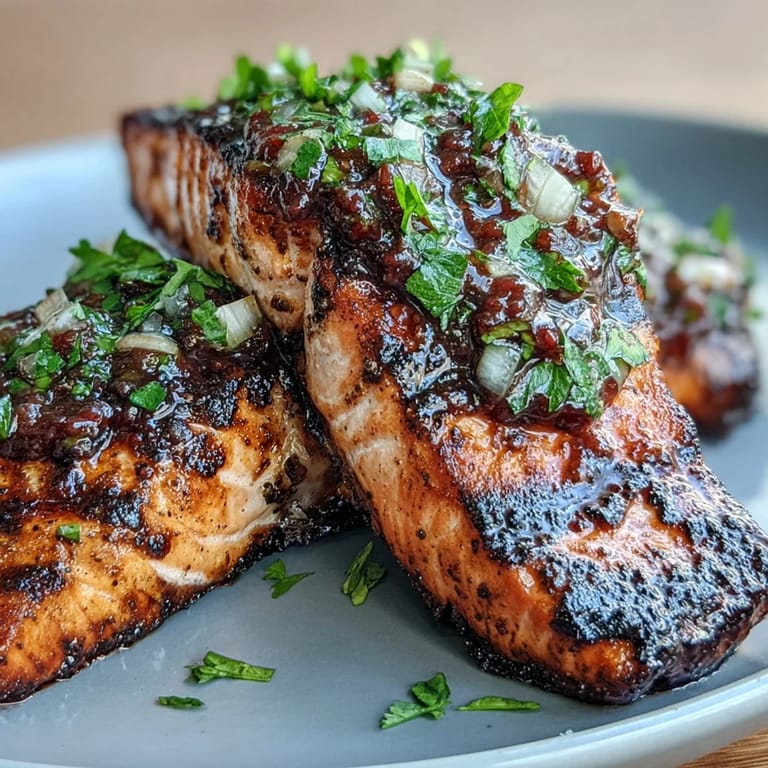 Juicy grilled salmon fillets topped with vibrant strawberry salsa, combining smoky and sweet flavors in every bite.  